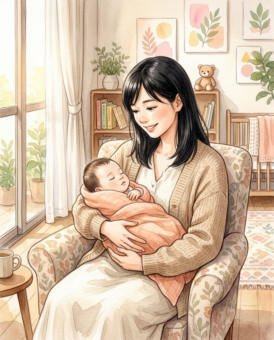 やさしく赤ちゃんを抱くお母さん